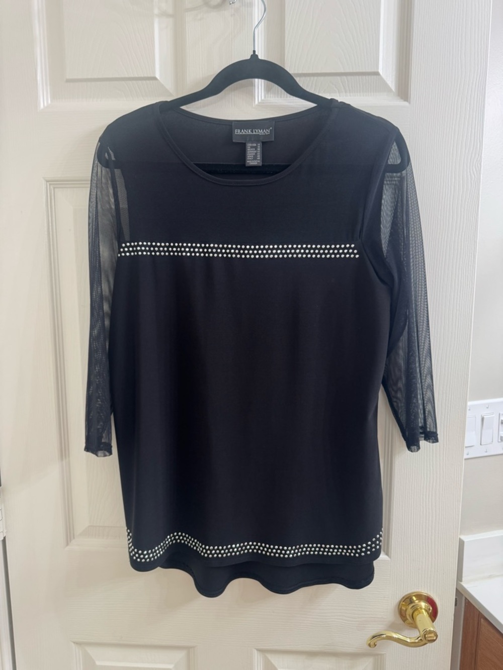 Frank Lyman Black Mesh Sleeve Top with Stud Detail Size 14